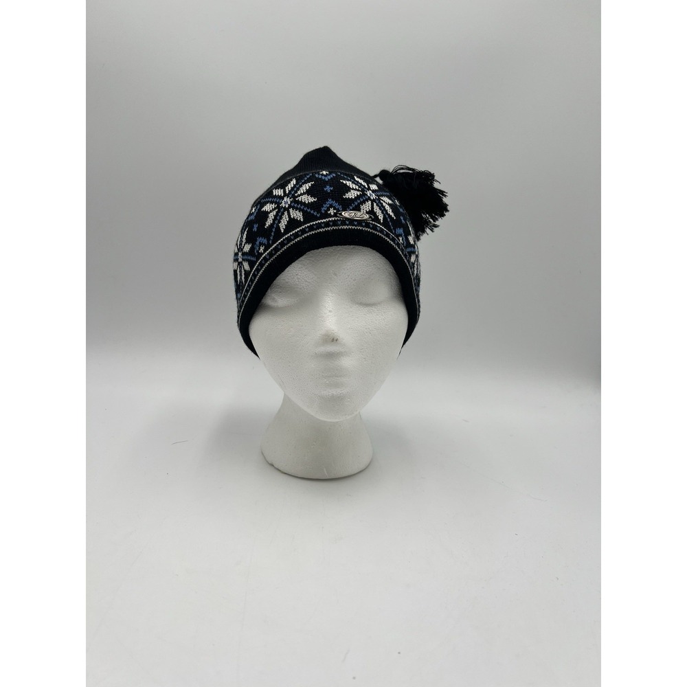 Bula Nordic Snowflake Tassel Beanie Hat Black Blue White Wool Blend Made Canada